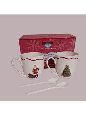 Martha Stewart Collection Christmas Mug & Spoon Set Santa Tree 4 Pieces